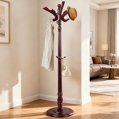 73”Vintage Wooden Coat Rack，With 14 Hooks and Sturdy Round Base.Sturdy and Durable Standing Coat Racks，Adjustable Wooden Freestanding Coat Rack for Porch，Bedrooms (Mahogany) (Flying Swallow, 1 PCS)