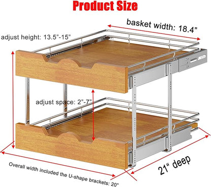 DINDON 2 Tier Pull Out Cabinet Organizer (20" W x 21" D) Slide Out Wood Shelf Double Tier Kitchen Wire Basket with Chrome Finish…