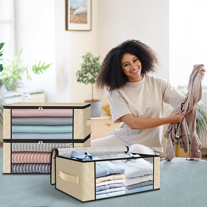 HomeHacks Storage 4-Pack Clothes Organizer Storage Bags Foldable Storage Box with Large Clear Window Sturdy Handles for Closet, Dorm, Pillows, Bedding, Clothes, Blankets, 35L, Beige