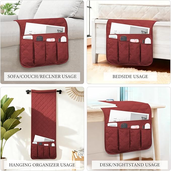 AUVCAS Sofa Armrest Organizer Non-Slip Arm Chair Bedside Caddy Storage Organizer for Recliner Couch with 5 Pockets for Cell Phone TV Remote Control Magazines (RED)