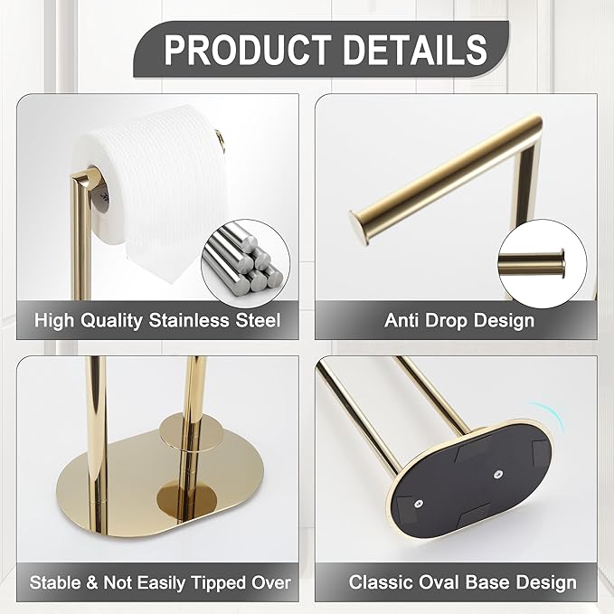 Gold Freestanding Toilet Paper Holder with Reserve for Bathroom with Weighted Base, Modern Tissue Roll Holder Stand