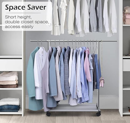 MISSLO Short Clothing Racks for Hanging Clothes with Bottom Shelves and Wheels Heavy Duty Rolling Clothes Rack Kids Clothing Rack for Adult Coat, Closet, Wardrobe