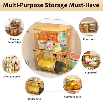 Delamu 2 Set Pantry Organizers and Storage,Trash Bag Dispenser with Bamboo Top,Stackable Trash Bag Dispenser Under Sink Organizer for 4-30 GalBags,Onion,Potato,Fruits,Amber(11-7/32"L*7" W*7-1/8"H)