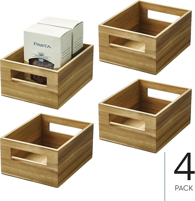 iDesign Acacia Wood Pantry Storage Bin with Handles - Set of 4 - Natural