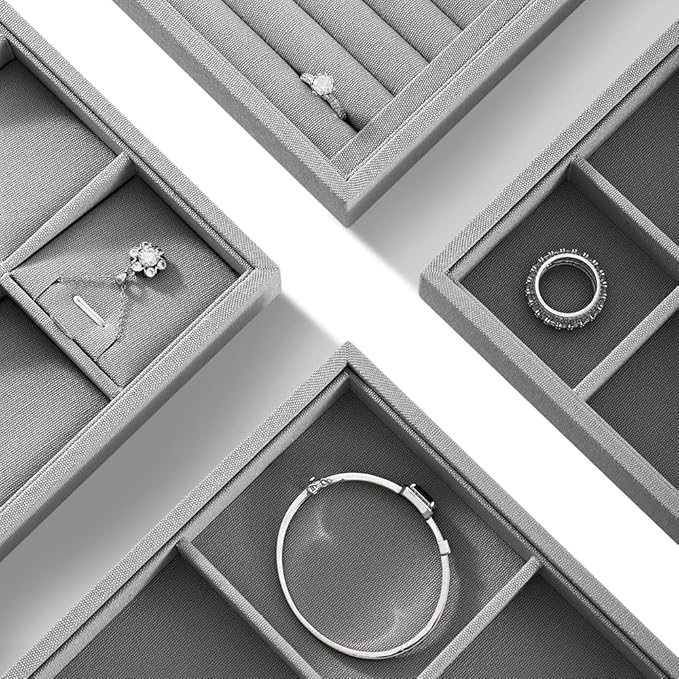 Dansmiy Linen 24 Grid Stackable Rings Earrings Display Tray, Brooch Ear Stud Cufflinks StorageTray, Jeweler Shop Counter Showcase Table Top Organizers, Makeup Table Drawer Insert Jewelry Tray