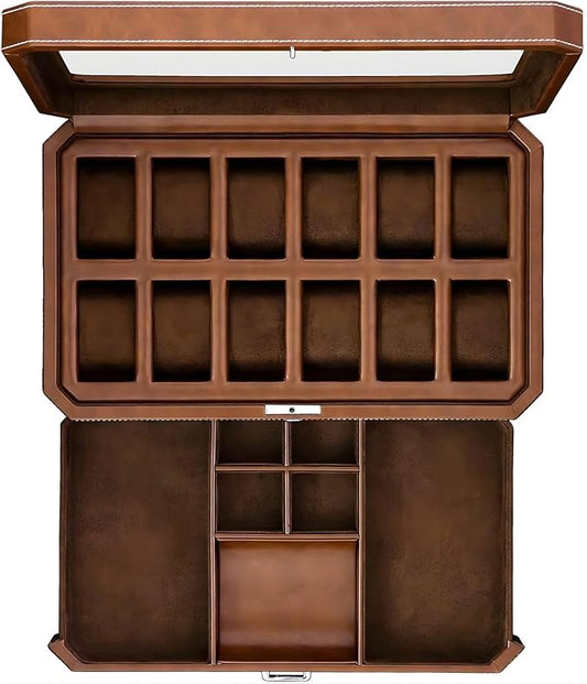 ROTHWELL 12 Slot Leather Watch Box with Valet Drawer - 12 Slot Luxury Watch Case Display Organizer, Microsuede Liner, Mens Accessories Holder, Jewelry Case, Jewelry Display Organizer (Tan/Brown)