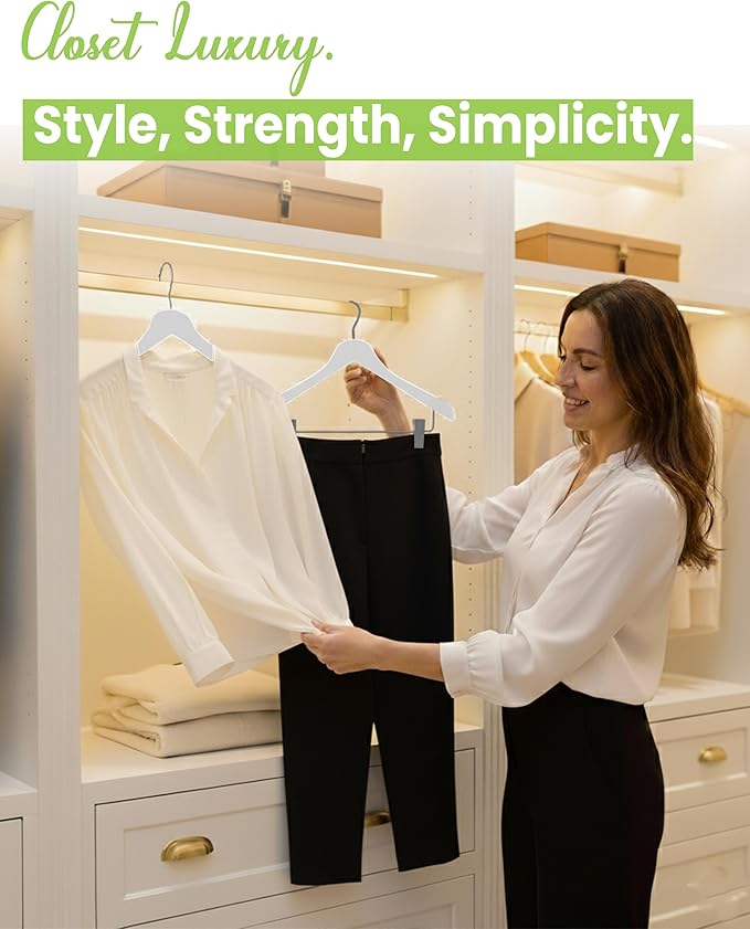 All Hung Up Hangers - Wooden Hangers with Clips for Women, Solid Wood Skirt & Suit Hangers, Heavy-Duty Adjustable Non-Slip Design with Velvet Grip, White with White Velvet, 12 pcs