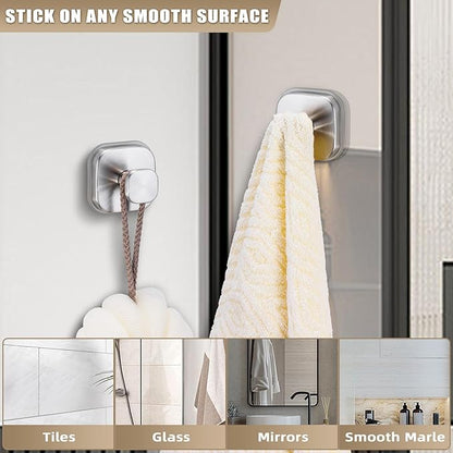 Fenas No-Drill Reusable Suction Cup Hooks, 2-Pack Brushed Nickel – Towel, Robe, Loofah, Coat Hook for Glass, Mirror, Tile, Shower, Bathroom, Kitchen & Metal (Smooth, Non-Porous Surfaces)
