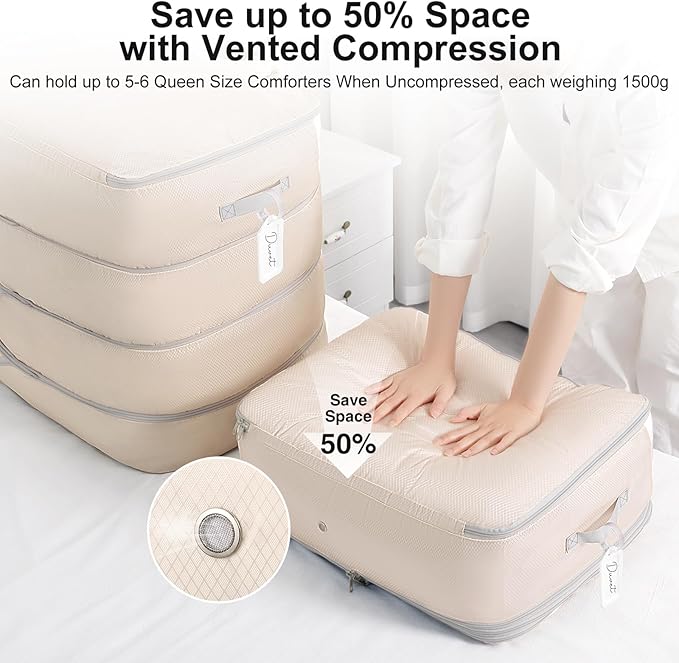 Easortm Comforter Storage Bag - 130L Large Capacity Blanket Storage Bags 4-Layer Ultra Space Saving Self Compression Organizer, Washable Compression Bags for Storage Comforter Blanket, 2-Pack, Beige