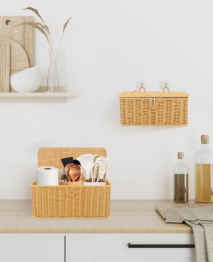 AceList Set of 2 Wicker Storage Basket with Lid, Rectangular Waterproof Handwoven Basket with Lid & Hooks, Boho Decorative Box for Organizing Home, Kitchen, and Room