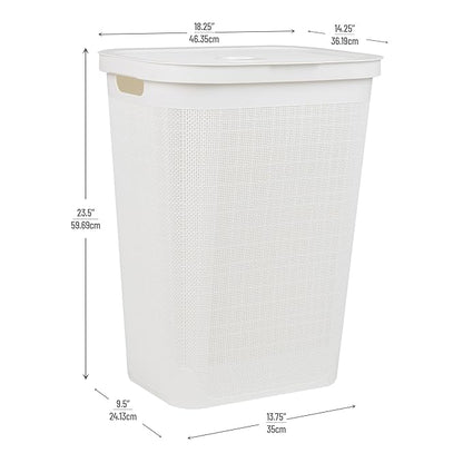 Mind Reader 60L Slim Laundry Hamper, Clothes Basket, Lid, Linen Design, Plastic, White