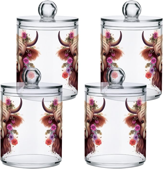MNSRUU 2 Pack Qtip Holder Organizer Dispenser Highland Cow Pink Bathroom Storage Canister Cotton Ball Holder Bathroom Containers for Cotton Swabs/Pads/Floss
