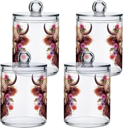 MNSRUU 2 Pack Qtip Holder Organizer Dispenser Highland Cow Pink Bathroom Storage Canister Cotton Ball Holder Bathroom Containers for Cotton Swabs/Pads/Floss