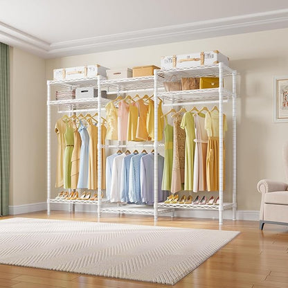 VIPEK V5i Garment Rack Heavy Duty Clothes Rack for Hanging Clothes, Portable Wardrobe Closet Freestanding Clothing Rack with 8 Adjustable Shelves & 4 Hang Rods, 68.9" L x 15.7" W x 76.4" H, White
