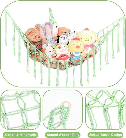 Stuffed Animal Hammock Corner, Hand-knitted Large Plushie Net Toy Hammock with Wooden Rings | Boho Cute Stuff Animal Storage for Nursery & Bedroom | Mesh Kids Toy Organizer Holder Nursery Room Decor