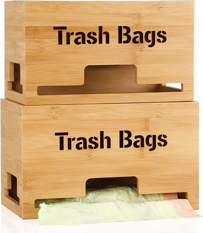Kathfly 2 Pcs Bamboo Trash Bag Holder Dispenser Stackable Garbage Bag Dispenser, Large and Small Size Trash Organizer for Kitchen Laundry Under Sink, Wall Mounted or Freestanding
