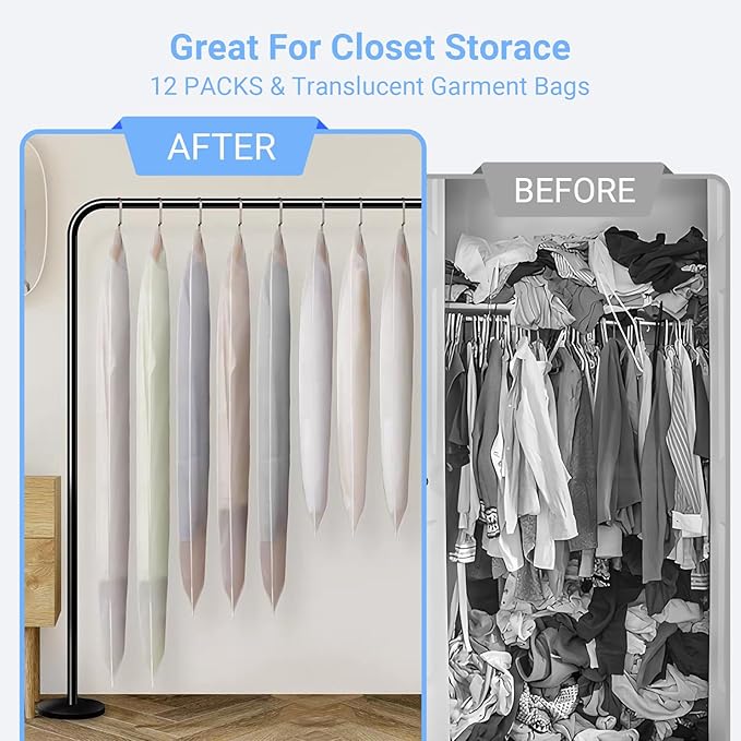 Garment Bag Covers (24''X55'' Set of 12) Lightweight White PEVA Breathable Bags with Study Full Zipper for Coat Protector Travel Laundry Wardrobe Closet
