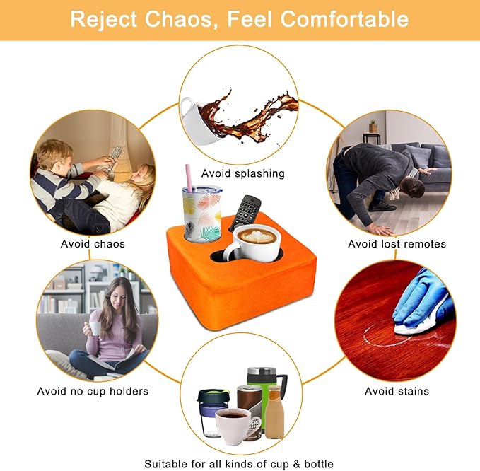 3 Hole Couch Bed Cup Holder Pillow, Keep Drinks Hand Side and KeepTemp, Prevent Spills, Use Anywhere - for Bed, Camping, RV, Car, Beach. Orange