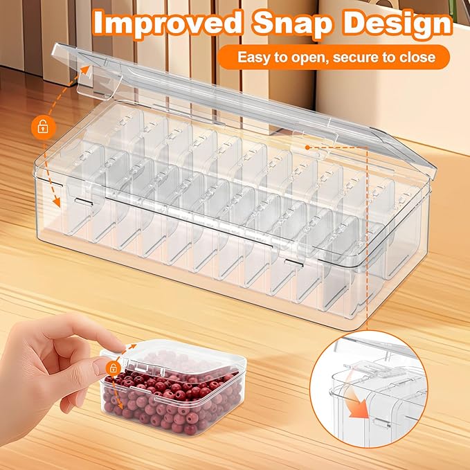 Bead Organizer Box, 24 PCS Clear Plastic Storage Containers Features Hinged Lid and Labels, Craft Storage Box for Jewelry, Diamonds, Clay Beads, Bracelets, Screws, Seeds, Small Parts