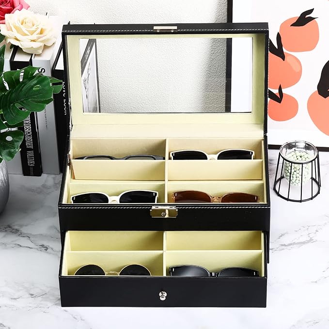 PATIKIL Sunglasses Organizer for Women Men, 12 Slot Leather Eyeglass Display Case Holder with Drawer Double-Layer Eyewear Storage Box, Black