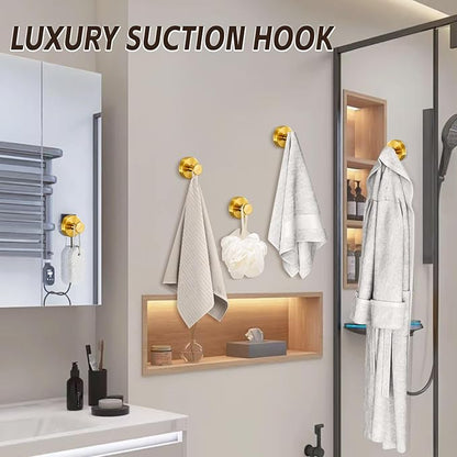 Supopular Reusable Heavy Duty Suction Cup Hooks for Kitchen/Bathroom/Shower - Wet-Proof Hooks for Towels, Robes, Loofah&Wreaths/No Drill Mounting on Glass, Tile, Metal (4, Brushed Gold)