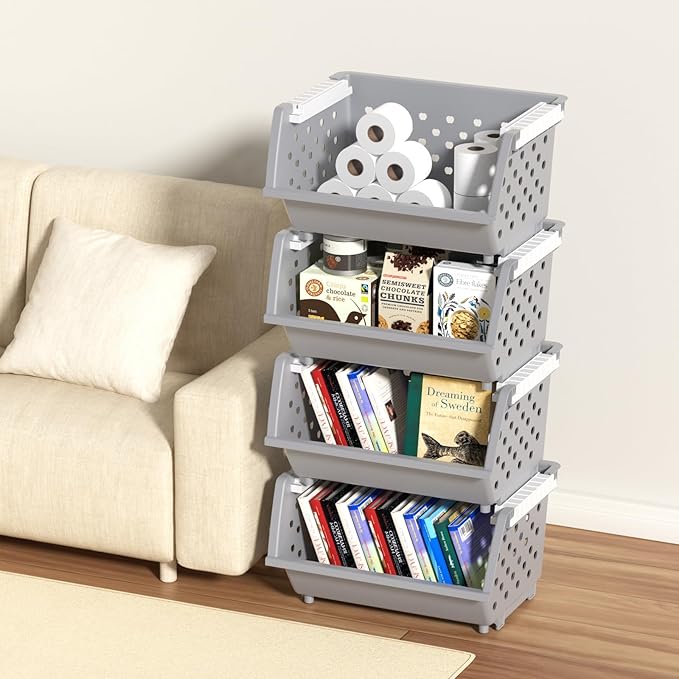 Large Plastic Stackable Storage Baskets, Plastic Open Front Stacking Bins, Gray, 4 Packs