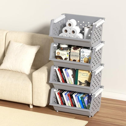Large Plastic Stackable Storage Baskets, Plastic Open Front Stacking Bins, Gray, 4 Packs