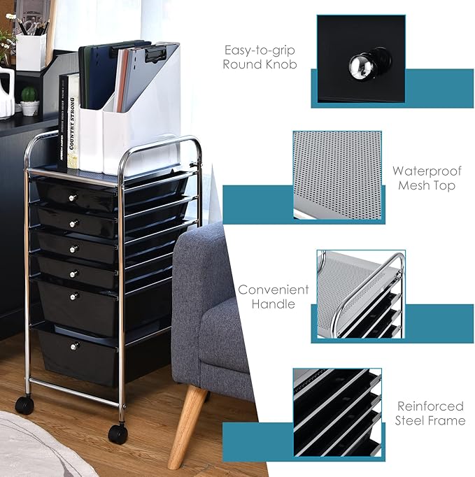 Happygrill 6-Drawer Organizer Cart Tools, Mobile Utility Storage Cart with Removable Drawers & Lockable Wheels, Rolling Storage Cart with Wheels for Home Office,Black
