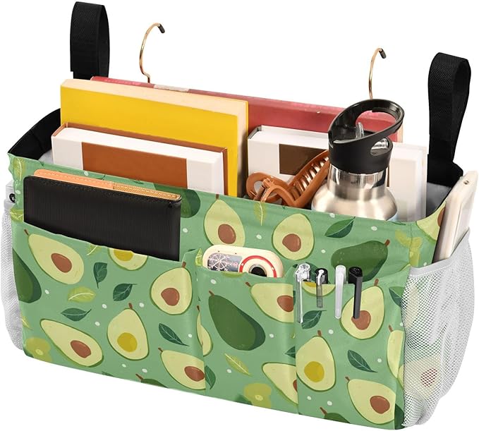 CuwrYet Bedside Caddy Hanging Bunk Bed Caddy Bed Organizer Hanging Pocket with 2 Hooks Bedside Storage Organizer Pocket Bag Holder Green Avocado and Leaf