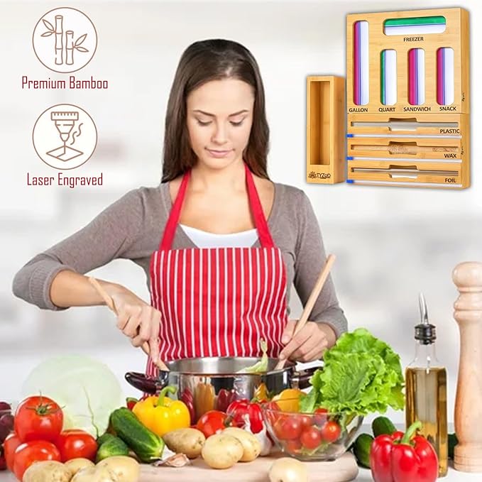 9-in-1 Bamboo Storage Bag Organizer with Cutter, Kitchen Drawer & Wall Mount Storage for Foil, Plastic Wrap, Gallon, Quart, Sandwich, Snack & Freezer Bags, Fits Rolls ≤12” Long, ≤2” Diameter