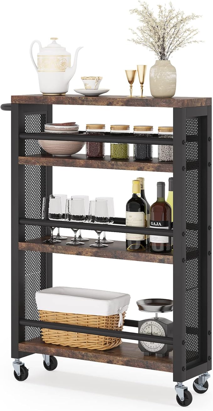 Tribesigns Slim Rolling Utility Carts with Wheels,4-Tier Narrow Kitchen Trolley Cart for Small Space,Wood Spice Storage Rack