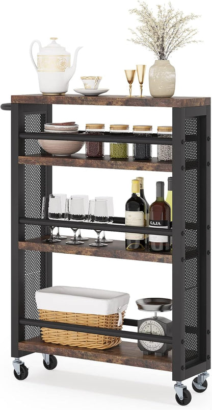Tribesigns Slim Rolling Utility Carts with Wheels,4-Tier Narrow Kitchen Trolley Cart for Small Space,Wood Spice Storage Rack