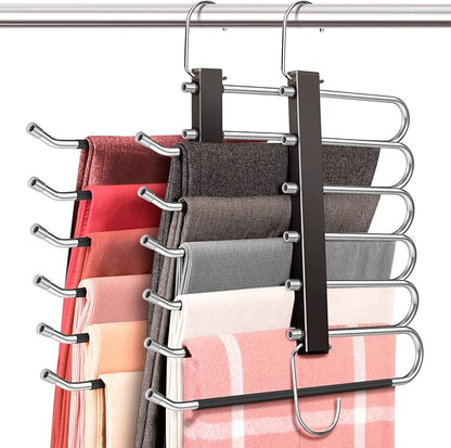 HUITEM 4 Pack 6-Tier Space Saving Pant Hangers, Anti-Slip, Lightweight, Stainless Steel, Black, 6 Pairs Jeans Hangers