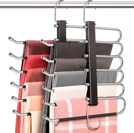 HUITEM 4 Pack 6-Tier Space Saving Pant Hangers, Anti-Slip, Lightweight, Stainless Steel, Black, 6 Pairs Jeans Hangers