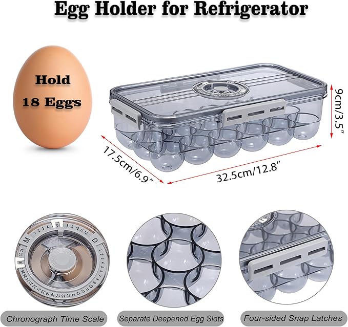 BSTKEY Egg Holder for Refrigerator, Egg Container with Time Scale, Egg Holder with Lid for Kitchen Storage, Stackable Tray for 18 Eggs