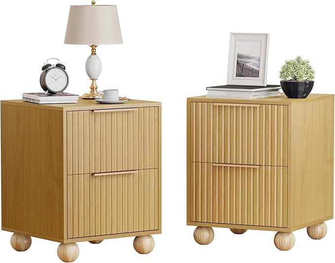 HOCAT Fluted Nightstand Set of 2, Natural Oak Finish Bedside Table with Spacious Storage Drawers, Night Stand with Solid Wood Round Legs for Bedroom, End Table, Side Table
