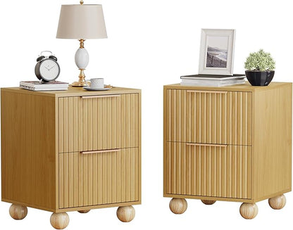 HOCAT Fluted Nightstand Set of 2, Natural Oak Finish Bedside Table with Spacious Storage Drawers, Night Stand with Solid Wood Round Legs for Bedroom, End Table, Side Table