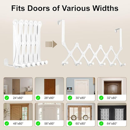 SCUNDA Expands Over The Door Hook Rack, Heavy Duty No Drill Hooks for Bathroom, Bedroom, Kitchen, Closet - Over The Door Hanger for Towels, Robes, Bags, Coats(White)