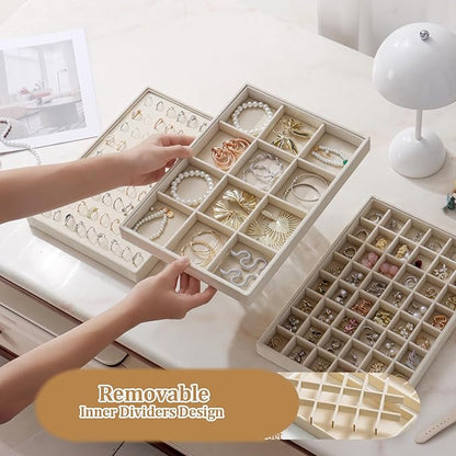 KATISYIO Large Velvet Jewelry Tray 2 Pack Stackable Jewelry Display Drawer Inserts Trays Organizer for Earring Bracelet Necklace Ring (Beige, 12 Grids)