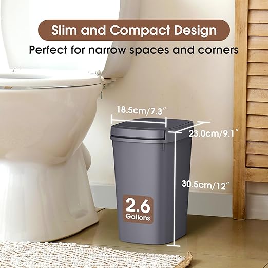 CEROELDA 3 Pack Bathroom Trash Can with Lid, 10L/2.6 Gal Small Garbage Can with Press Top Lid, Slim Plastic Waste Basket for Toilet, Office, Bedroom (Grey)