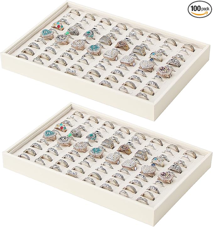 Stackable Jewelry Organizer Tray For Drawers,White Leather Small Earring Storage Tray,Bracelet And Necklace Display Box,Jewelry Ring Display Case (Creamy White 80 Grids Ring)