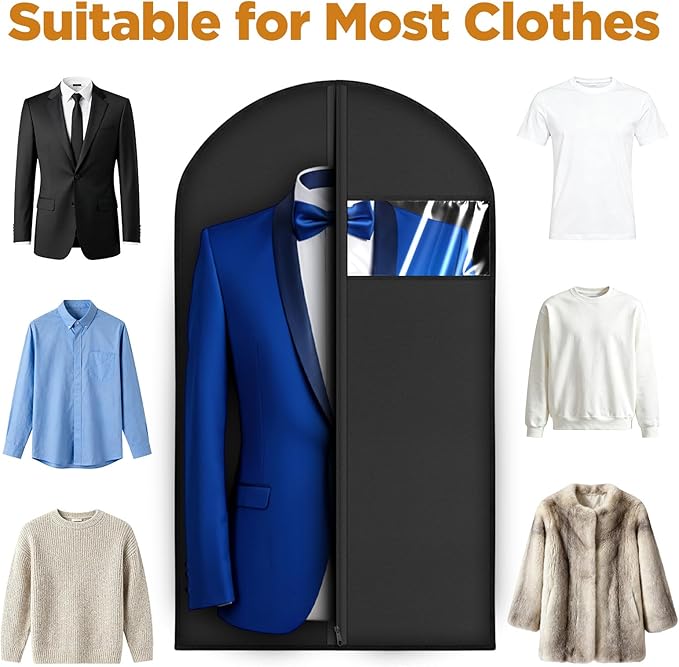 8 packs Garment Bags for Hanging Clothes, 40-inch Garment Bag for Travel and Storage, Washable Suit Bags for Closet Storage and Travel with Clear Window, Black