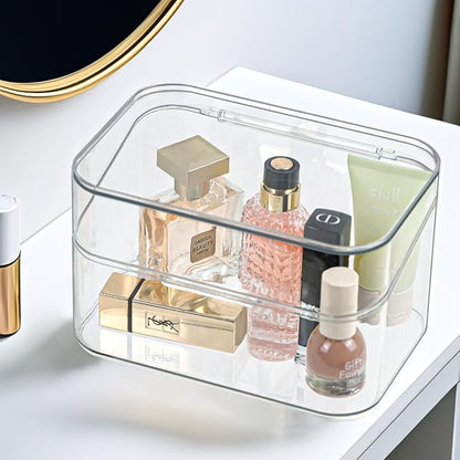 Clear Bathroom Organizer, 2-Size Essentials Set for Hail Accessories & Beauty Supplies,Cotton Swabs,Balls,Pads - Small Clear Plastic Canister Apothecary Jar Set, Vanity Makeup Storage Organizer (L+2S)