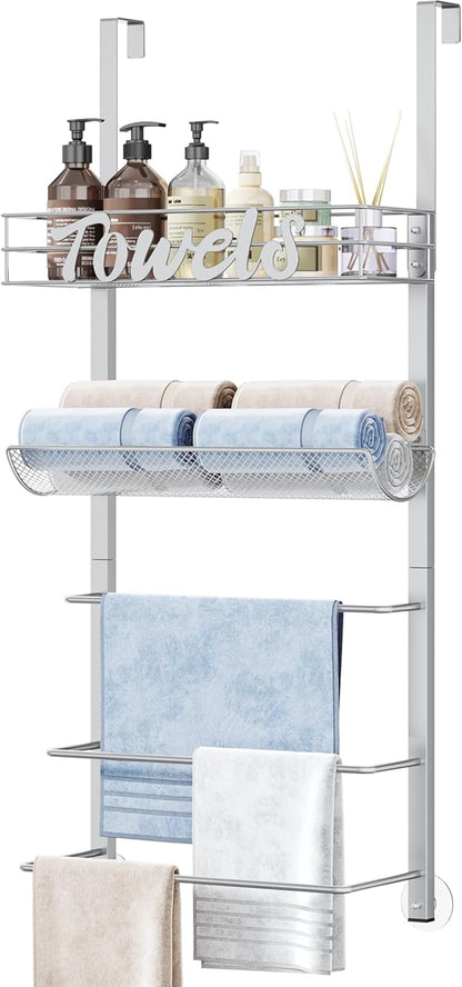 SWTYMIKI Over The Door Towel Racks for Bathroom - 5-Tier Wall Mounted Bathroom Towel Storage Organizer Holder with Metal Shelf, Sliver