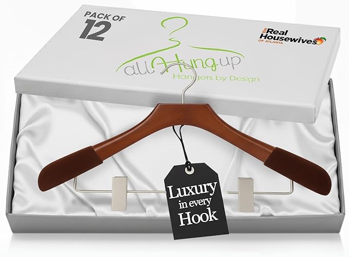 All Hung Up Hangers - Wooden Hangers with Clips for Women, Solid Wood Skirt & Suit Hangers, Heavy-Duty Adjustable Non-Slip Design with Velvet Grip, High Gloss Brown with Brown Velvet, 12 pcs