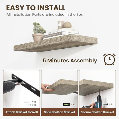 24 Inch Floating Shelves, 12 Inch Deep Floating Shelves for Wall, Floating Shelf with Invisible Brackets, Deep Shelves for Bathroom, Bedroom, Living Room, 2 Pack, Vintage Gray Oak