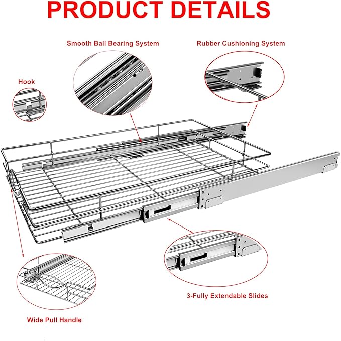 Pull Out Cabinet Organizer 11" W x 21" D, Heavy Duty Kitchen Cabinet Pull Out Shelves, Slide Out Wire Basket for Kitchen Cabinets, Bathroom, Pantry, Chrome Finish