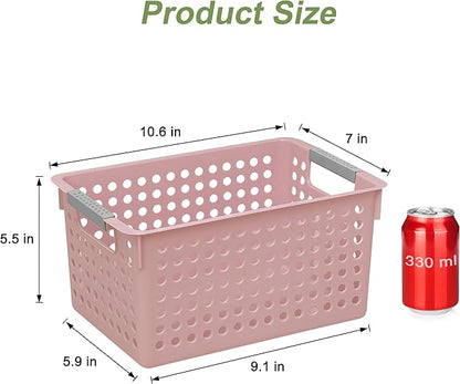 Soddeph 4 Pack Plastic Storage Basket with Handles, Small Deep Organizer Bin with Hollow Design for Under Counter, Shelf, Closet, Kitchen or Bathroom (Pink, Small)