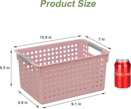 Soddeph 4 Pack Plastic Storage Basket with Handles, Small Deep Organizer Bin with Hollow Design for Under Counter, Shelf, Closet, Kitchen or Bathroom (Pink, Small)