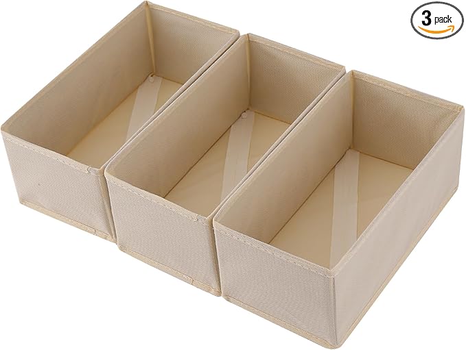 Drawer Organizer Set of 3 Pack Beige, 11"x5.5"x4.8" Foldable Storage Boxes, Underwear Socks Dividers for Dresser Closet Wardrobe Bra Panty Leggings
